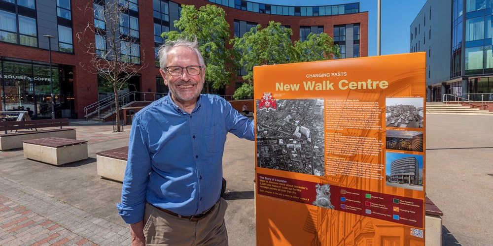 City Mayor with the new heritage panel on the New Walk Centre site