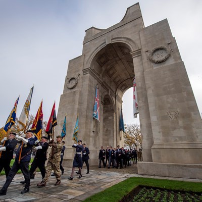 Members of the Armed Forces parading at the Arch of Remembrance in Victoria Park