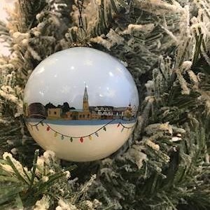 Christmas tree bauble with Leicester image upon it