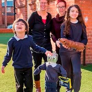 Hazel Community Primary eco project. L-R (adults) Head Gillian Blatherwick and Roz Falzo, environment teacher, with Perseas Manila Yr 2 (left) and Carlota De Alba Yr 5