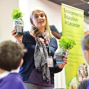 Lisa Didier, Soil Association programme manager for Leicester talks to schoolchildren about Food For Life at the Eco Schools Roadshow