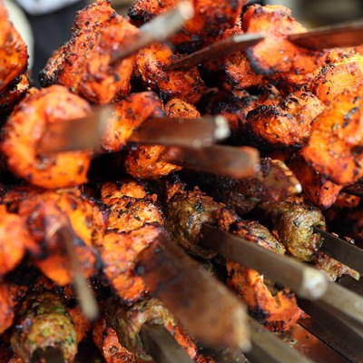 Skewers of cooked food for sale