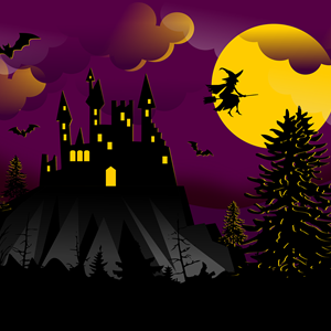 Image: A cartoon image of a spooky castle and a witch flying across a moon, to illustrate Halloween