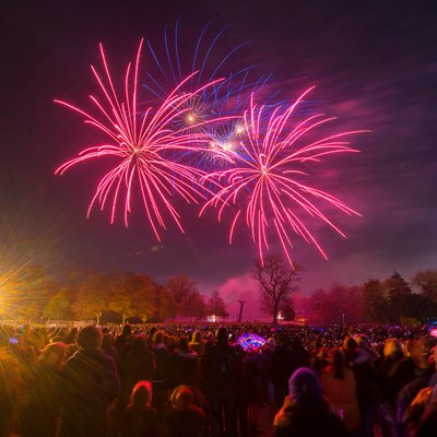 Pink fireworks exploding over Abbey Park