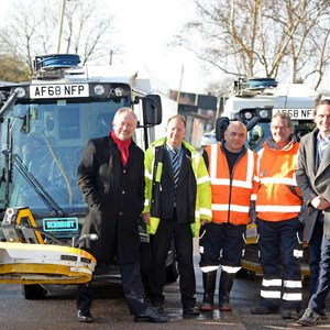 Image: left to right: city mayor Peter Soulsby with Michael Walker, Kevin Spence and Paul Hadley from the cleansing team, deputy city mayor Cllr Adam Clarke and the new street washing machines in New Parks.