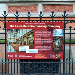 Existing heritage informationa panel outside bank in Granby Street