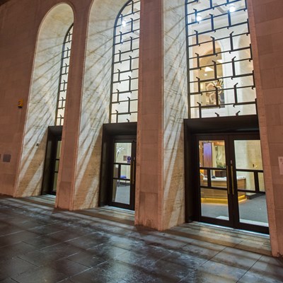 Doors of Leicester's City Hall at night