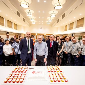 Image: Picture shows l-r assistant city mayor for entreprenuerial councils Cllr Danny Myers, city mayor Peter Soulsby and deputy city mayor Cllr Adam Clarke with employees from the Leicester to Work scheme.
