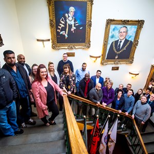 Picture shows Cllr Master with members of community groups who have taken over the running of some community buildings in the city.