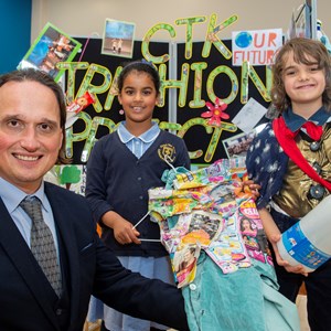 Image: Cllr Adam Clarke with Keisha Lucia Fernandes and Matisse Didier from Christ the King Primary School