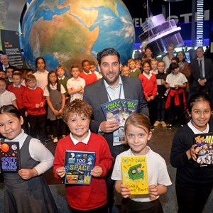Image: Cllr Kirk Master with schoolchildren at the Space Chase launch event