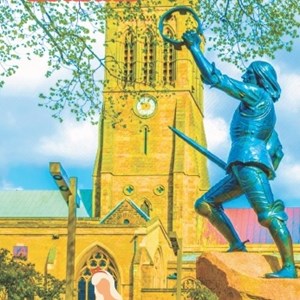 Image: Open Streets promotional poster showing Leicester's KRIII statue