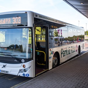 Image shows a bus at the Birstall park and ride site