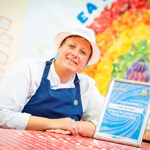 Image shows school cook Jody Gemmell with her School Meals Hero award