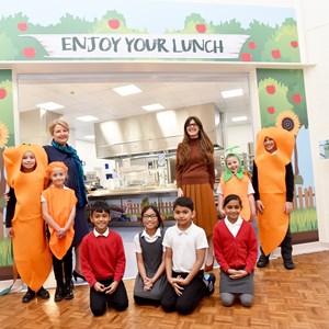 Image: Wolsey House Primary School headteacher Helen King with Cllr Elly Cutkelvin and pupils from the school at the official opening of their new kitchen
