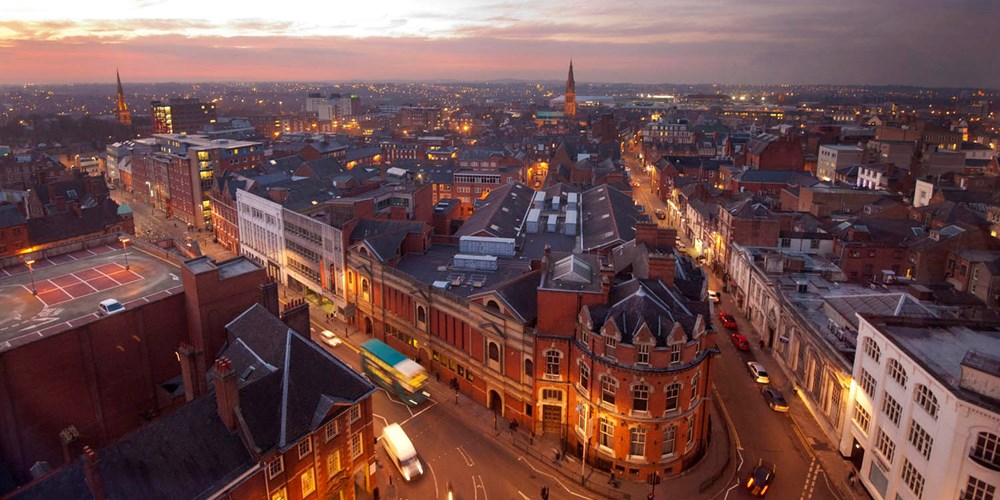 View of Leicester's skyline at dusk