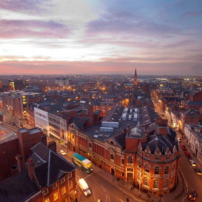 View of Leicester city centre skyline at dusk
