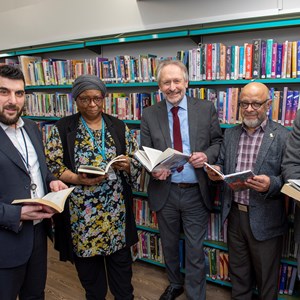 Image shows l-r Cllr Kirk Master, Marcia Brown, who works at Highfields Library, city mayor Peter Soulsby and cllrs Hanif Aqbany and Mohammed Dawood