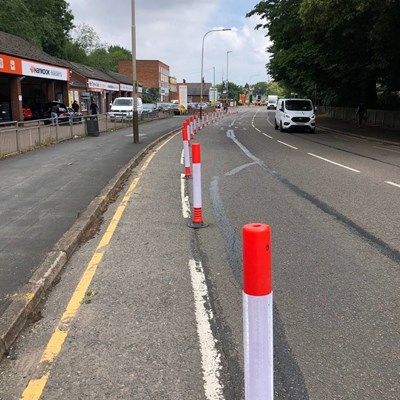 Aylestone Road with new cycle wands segregating the cycle track