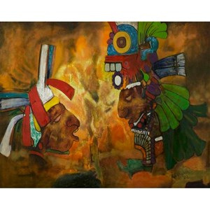 Maya Confrontation, 1983, oil painting. Credit Line: Purchased from the Commonwealth Institute, 1985. This painting was exhibited as part of the Aubrey Williams exhibition 'The Olmec-Maya & Now' at the Commonwealth Institute, London in 1985 and purchased from there by Leicester Museums and Galleries. It depicts the positive and negative elements of the Maya Pantheon in opposition.