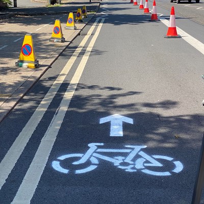 Picture of the outbound pop-up cycle lane on Hinckley Road in Leicester