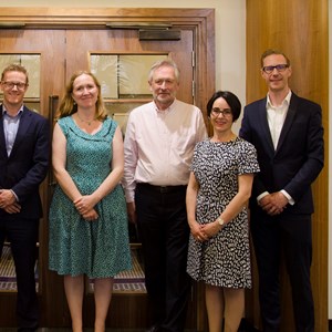 Picture (from an event last year, taken before social distancing) shows l-r Peter Chandler (LCC), Rob Fryer (University of Leicester), Adele Browne (DMU), City Mayor Peter Souslby, Jo Cooke (DMU) and Dan Midler (DMU).