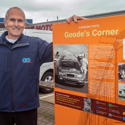 Graham Goode with the panel at Goodes Corner in Aylestone