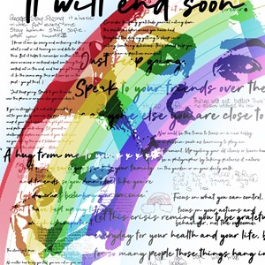 A word cloud of messages from cards from care, featuring messages such as 'it will end soon', over the image of a rainbow.