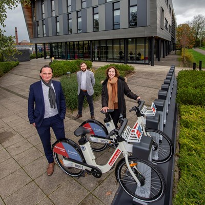 Picture shows l-r Cllr Adam Clarke, Jack Holland from Ride On and Siobhan Beddow from Santander UK at Dock, the city council-managed workspace, where new docking stations for the bike share scheme have just been installed.