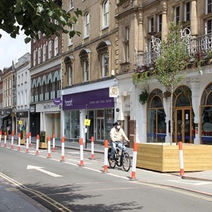 Picture shows a pop-up cycle lane in Granby Street in Leicester
