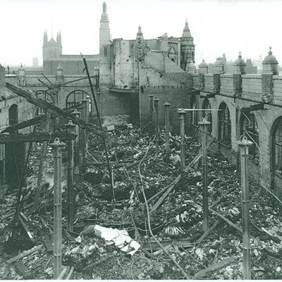 Image is of the Faire Brothers factory, next to Freeman, Hardy and Willis. The first bombs to land on Freeman, Hardy and Willis’s factory on Rutland Street fell at about 7.59pm on 19 November 1940.  This was probably the most serious and long lasting fire of the night.