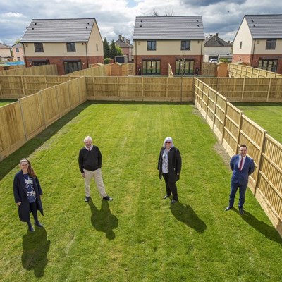 Leicester assistant city mayor for housing. Elly Cutkelvin, with City Mayor Peter Soulsby, city council technical manager Jenni Venables and Woodhead Group commercial manager Michael Broadhurst at one of the new houses.