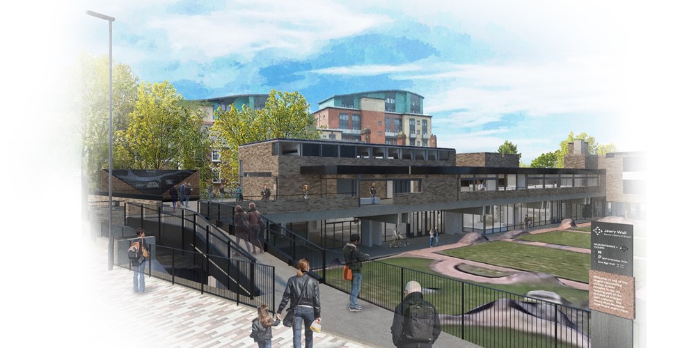 A drawing of how Jewry Wall Museum will look from the outside with a new access bridge.