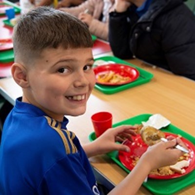 Picture shows Year 6 Stokes Wood pupil Tyo O’Rourke enjoying a school lunch