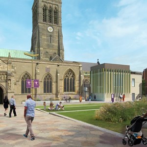 Picture (artist's impression) shows a view of the proposed heritage learning centre from Cathedral Gardens. Credit: van Heyningen & Haward Architects.