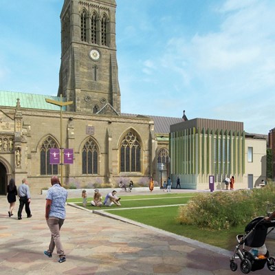 Picture (artist's impression) shows a view of the proposed heritage learning centre from Cathedral Gardens. Credit: van Heyningen & Haward Architects.