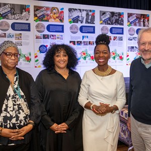 Picture shows (l-r) Marcia Brown, Leicester City Council Neighbourhood Services, Cllr Sue Hunter, asst city mayor for diversity & tackling racism; Baroness Floella Benjamin DBE; city mayor Sir Peter Soulsby at the African Caribbean Centre for the opening of the Windrush community project.