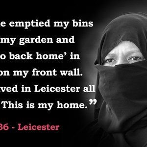 Poster of woman talking about hate crime incident