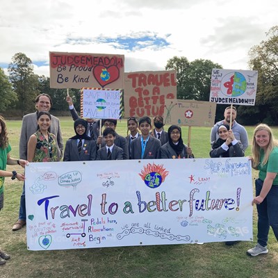 Photo – Climate Action March (24th September 2021). Judgemeadow Community College students and teachers with Sustrans schools officers Anna Singleton and Mel Gould and Councillor Adam Clarke.