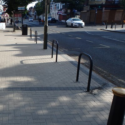 Pavements, bollards and bike racks on Narborough Road