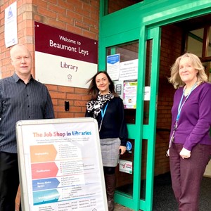 Picture shows (l-r): Kevin Moore (customer); Jay Adatia (Jobcentre Plus Work Coach) and Angela Redfern (Beaumont Leys Library Manager)