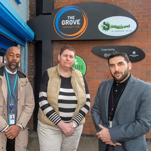 Picture shows l-r Ivan Liburd, community safety co-ordinator at Leicester City Council, Angie Wright from b-inspired in Braunstone, and Cllr Kirk Master, at the Grove Community Hub in Braunstone.
