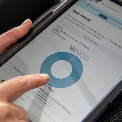 A picture showing the BetterOff Leicester online tool being used on a tablet device