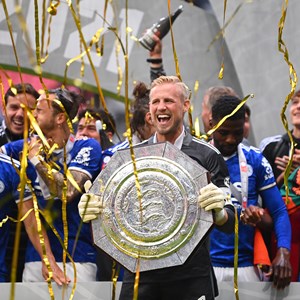 Kasper Schmeichel holds the FA Community Shield. Credit: The FA and Getty Images