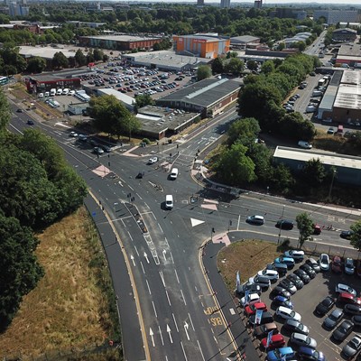 Aerial view of the new junction of Putney Road, Aylestone Road and Saffron Lane