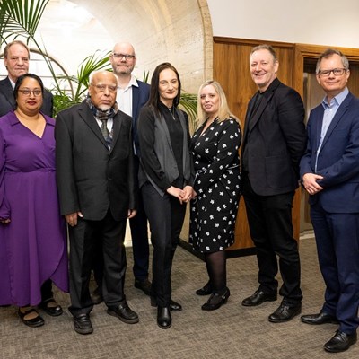 Picture shows Paul Stuart from East Midlands Chamber; Parul Ahmed from Twin Training; Dr Shofiqul Islam Chowdhury from BYCS; Cllr Danny Myers; Tina Barton from the Documentary Media Centre/ Zinthiya Trust; Joanne Ives, Mike Dalzell and Peter Chandler from Leicester City Council.