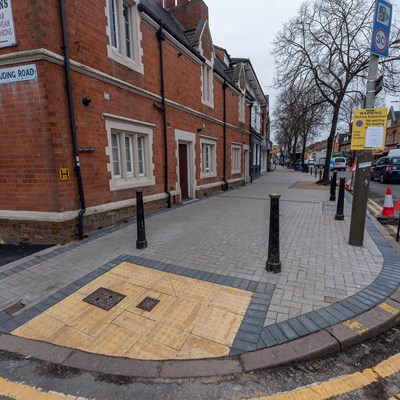 Bollards and new paving at the corner of Ruding Road