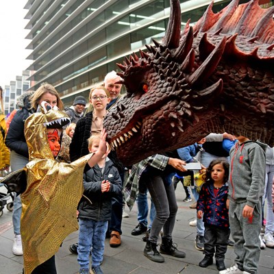 A child meets the dragon in Orton Square
