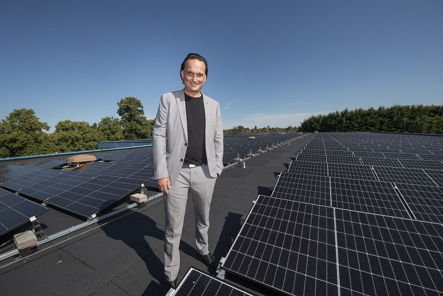 Cllr Adam Clarke at the new PV array on Aylestone Leisure Centre