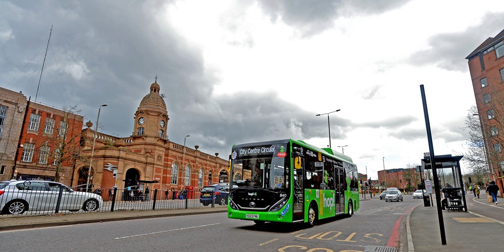 Leicester's free Hop electric bus service outside Leicester station
